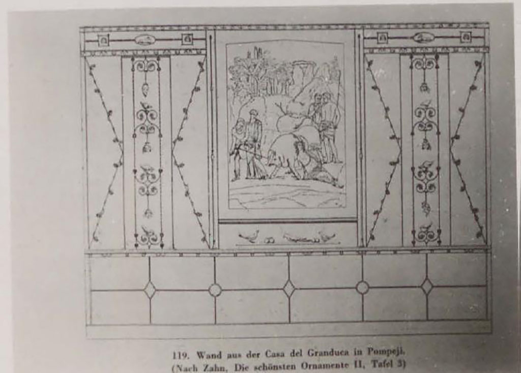 VII.4.56 Pompeii. Pre 1942. Room 9, tablinum.
According to Warscher, Zahn has left a design that gives an idea of the entire painted wall.
(Lo Zahn ci ha lasciato un disegno che ci da un’idea dell’intera parete dipinta.)
See Warscher, T. 1942. Catalogo illustrato degli affreschi del Museo Nazionale di Napoli. Sala LXXIX. Vol.1. Rome, Swedish Institute