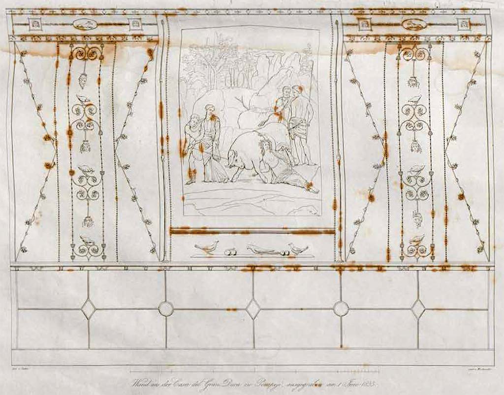 VII.4.56 Pompeii. 1842. Room 9, tablinum. Wall decoration by Zahn.
See Zahn, W., 1842. Die schönsten Ornamente und merkwürdigsten Gemälde aus Pompeji, Herkulanum und Stabiae: II. Berlin: Reimer, Taf. 3.