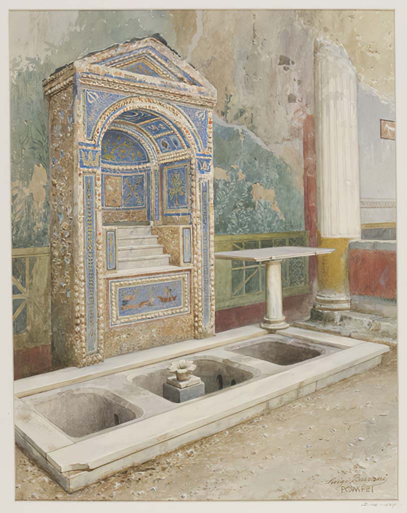 VII.4.56 Pompeii. Undated watercolour by Luigi Bazzani.  
Looking south across garden area towards aedicula fountain.
Photo © Victoria and Albert Museum. Inventory number 114-1889.