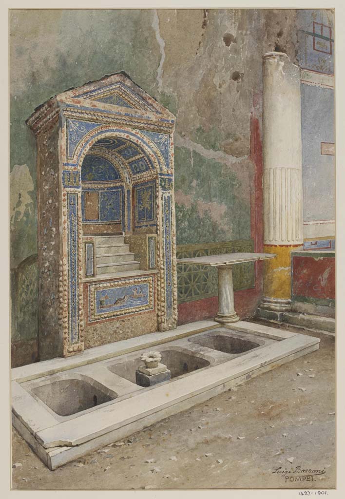 VII.4.56 Pompeii. Undated watercolour by Luigi Bazzani.  
Looking south across garden area towards aedicula fountain.
Photo © Victoria and Albert Museum. Inventory number 1427-1901.