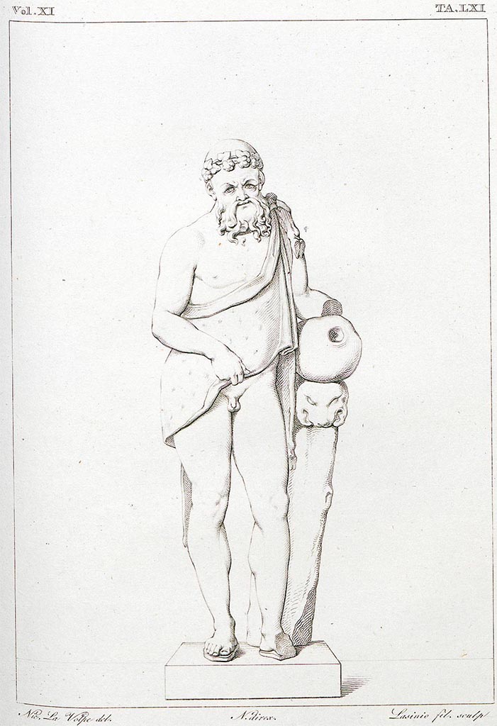 VII.4.56 Pompeii. Drawing by La Volpe of small marble statue of Silenus.
See Real Museo Borbonico, vol. XI, 1835. Tav. LXI.
According to RMB –
This statue was around “due palmi e mezzo” (0.66m or 2ft, 2inches) high and was made from colourful glass paste combined with shells.
When found, his left hand was missing and his left foot was broken and missing.
According to Pagano and Prisciandaro –
1st June 1833, found in its niche – 
- a small marble statue of Silenus (NAP 6341), and
- two small goats of soft material coloured green (due piccoli caproni di materia tenera colorati di verde) (NAP 123982)
See Pagano, M. and Prisciandaro, R., 2006. Studio sulle provenienze degli oggetti rinvenuti negli scavi borbonici del regno di Napoli. Naples: Nicola Longobardi, (p. 148, and (PAH II, p.273).