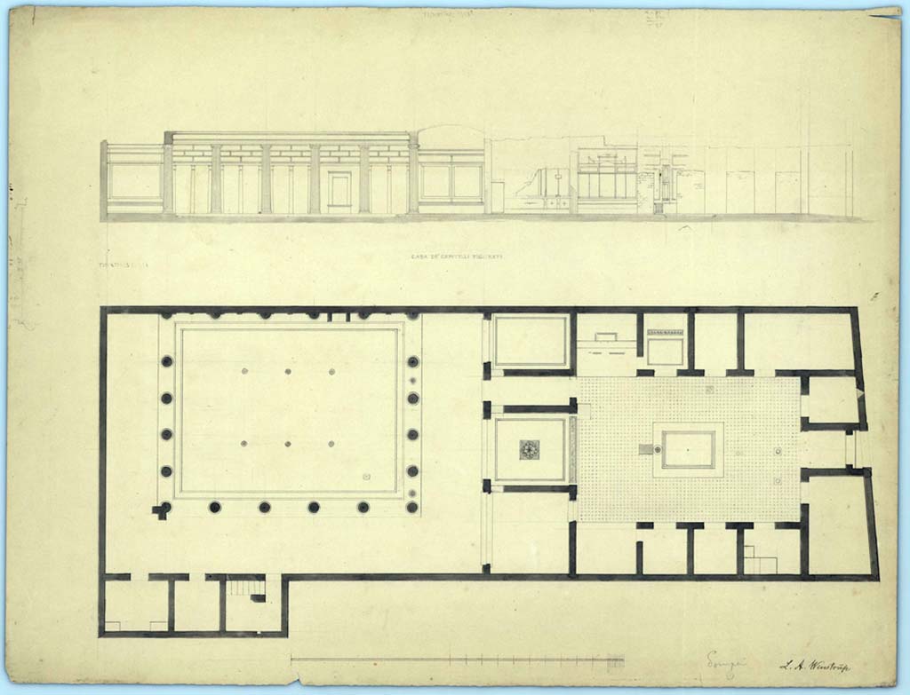 VII.4.57 Pompeii. 1849. Drawing by Laurits Albert Winstrup 1815-1889 of plan of the house.
At the top of the plan is a sketch of the west side of the house, showing decoration still visible on portico of peristyle, in tablinum, west ala and cubiculum 10, as well as detail of mosaic flooring. 
Photo © Danmarks Kunstbibliotek, inventory number ark_6186a.