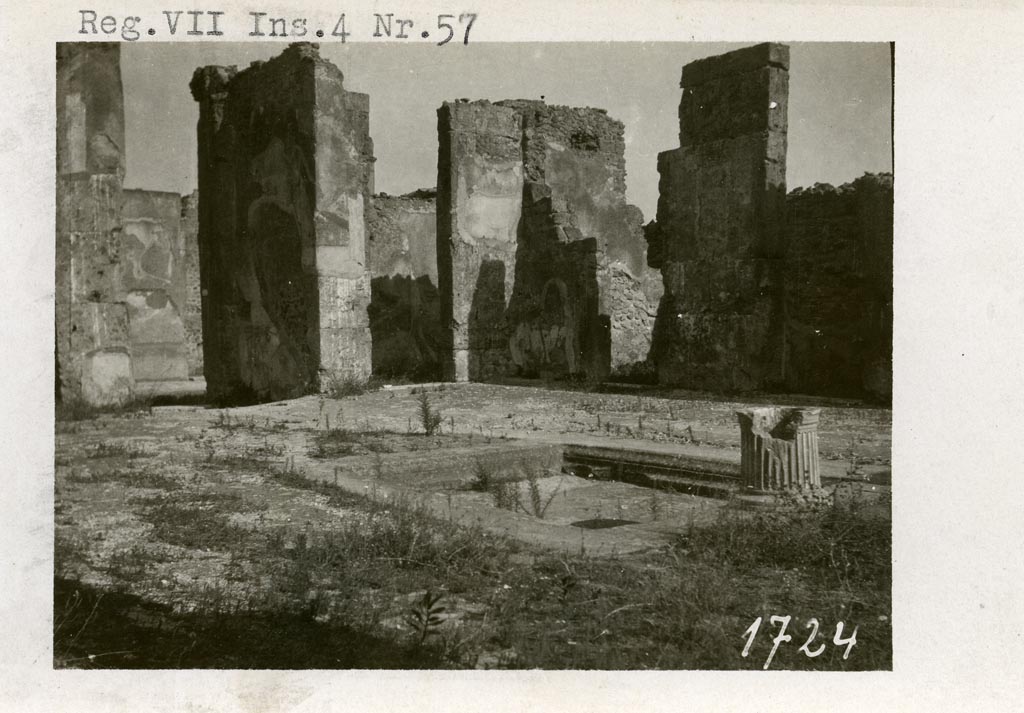 VII.4.57 Pompeii. Pre-1937-39. 
Looking north-east across impluvium in atrium towards entrance doorway, on left, and to room 2, next to it.
Photo courtesy of American Academy in Rome, Photographic Archive. Warsher collection no. 1724.