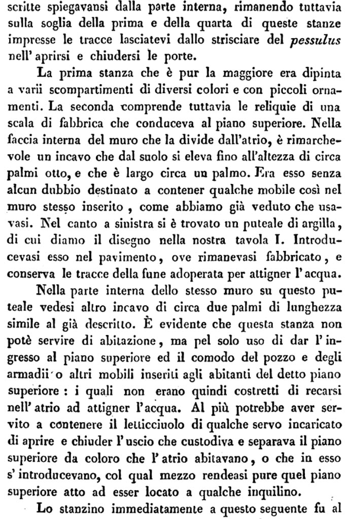 VII.4.57 Pompeii. Rooms to the left of the atrium Avellino’s description of rooms 1 and 2.
See Avellino, F. M. Descrizione di una Casa Pompejana Disotterrata in Pompeii nell’anno 1831, 1832, 1833 la terza alle spalle del tempio della Fortuna Augusta. Naples, 1837, (p.17).