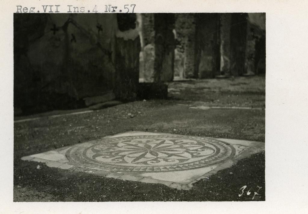 VII.4.57 Pompeii. Pre-1937-39. Looking north-west towards atrium, across central emblema in mosaic floor in tablinum. 
Photo courtesy of American Academy in Rome, Photographic Archive. Warsher collection no. 367.