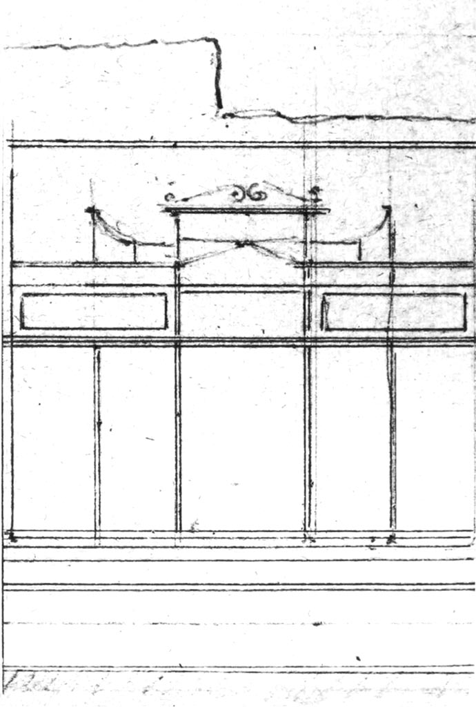 VII.4.57 Pompeii. Room 9, west wall of ala showing the decoration, as drawn by Laurits Albert Winstrup. 
Detail from photo © Danmarks Kunstbibliotek, inventory number ark_6186a.
See Carratelli, G. P., 1990-2003. Pompei: Pitture e Mosaici. VII. (7). Roma: Istituto della enciclopedia italiana, (p.81)
(PPM and Avellino – room p, tablinum, room o, west ala). 
According to PPM –
“Mau described the ala as being decorated in the “candelabra style”, Mau W, p.378.
Today, not much remains of the colours – the zoccolo was red-violet, the predella showing coloured stripes of different widths. 
The middle zone alternated with a yellow central panel and a red side panels, subdivided by narrow candelabra just 5cm wide and bordered at the edge of the wall, by green bands. The middle zone was separated from the upper zone by a coloured frieze similar to the predella with several parallel stripes; the dominant colour being blue and yellow; the stripes were separated by narrow black , red and white lines. No traces of colour remained in the upper zone.
See Carratelli, G. P., 1990-2003. Pompei: Pitture e Mosaici. VII, (7). Roma: Istituto della enciclopedia italiana, (p. 78).
(PPM and Avellino – room o, west ala).