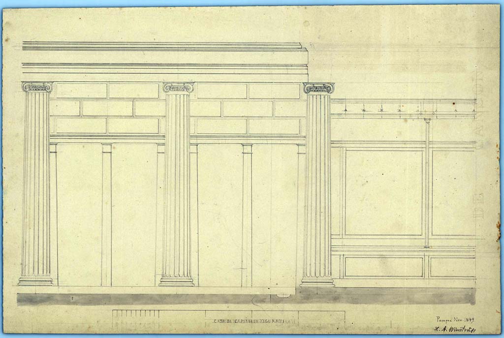 VII.4.57 Pompeii. November 1849. Peristyle.
Drawing by Laurits Albert Winstrup (1815-1889) showing the north end of the west wall but without the lararium. 
Photo © Danmarks Kunstbibliotek, inventory number ark_6186b.
See Carratelli, G. P., 1990-2003. Pompei: Pitture e Mosaici: Vol. VII. Roma: Istituto della enciclopedia italiana, p. 90, no. 42.
