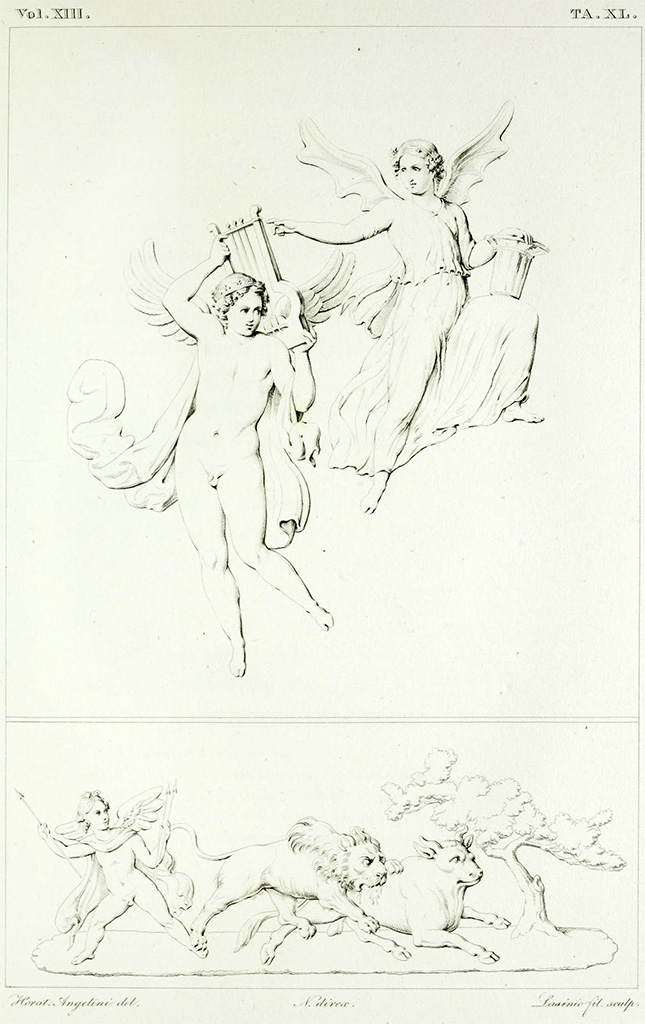 VII.4.57 Pompeii. Pre 1843. Drawing by Angelini of two floating figures
See Real Museo Borbonico, vol. XIII (13), 1843, Tav. XL (40).