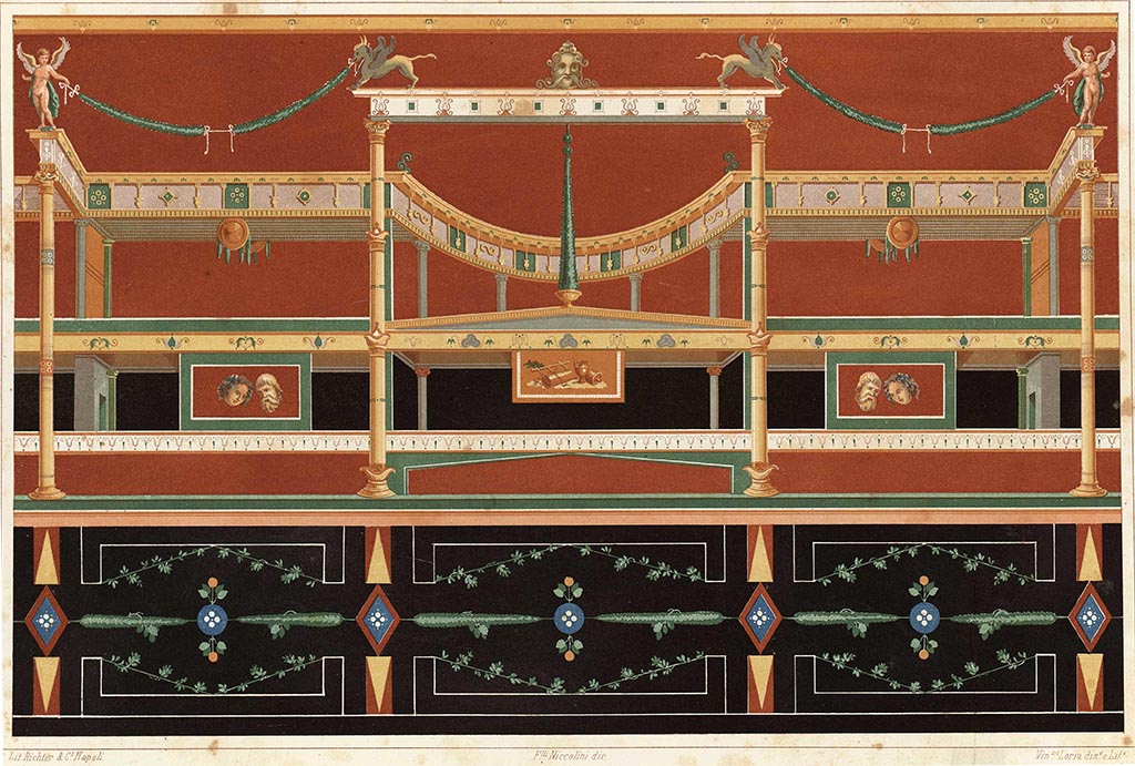 VII.4.59 Pompeii. Pre-1862 painting by Vincenzo Loria of oecus m, west wall.
According to Niccolini –
“PITTURA MURALE. - in questa tavola è evidentemente dimostrato che il seppellimento di Pompéi dovette avvenire in diversi periodi, ed in più o meno denso calorico. È però incerto il precisare, se i rossi per tali circostanza, divennero gialli o viceversa, ma che ciò avvenisse e indubitato, come vedesi in questa parete tuttora esistente in Pompei.”  (Tav. LIII)
(trans: “WALL PAINTING. - in this table it is evidently demonstrated that the burial of Pompeii must have taken place in different periods, and in gretaer or lesser densities of heat. However, it is uncertain whether the reds became yellow under these circumstances or vice versa, but there is no doubt that this happened, as can be seen in this wall which still exists in Pompeii.”
See Niccolini F, 1862. Le case ed i monumenti di Pompei: Volume Secondo. Napoli, Tav. LIII.