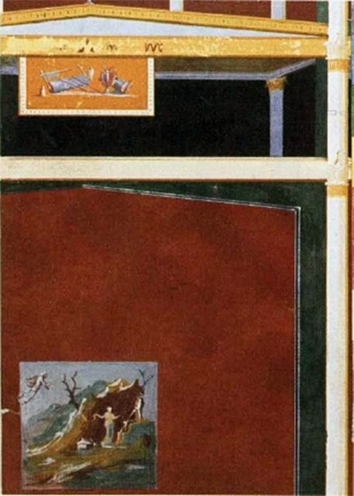 VII.4.59 Pompeii. 1837 painting by Boulanger, oecus m, west wall. 
Detail of fresco of Perseus and Andromeda.