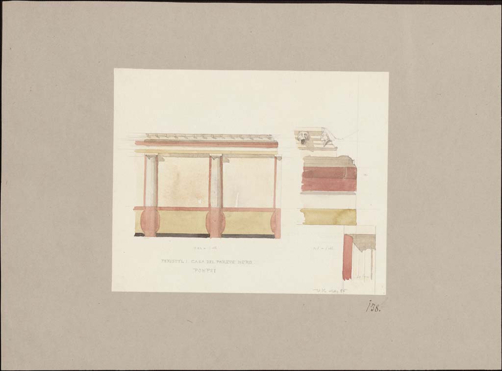 VII.4.59 Pompeii. May 1885. Painting by Valdemar Koch (1852-1902), detail of wall of peristyle. 
Photo © Danmarks Kunstbibliotek inv no ark_17624.