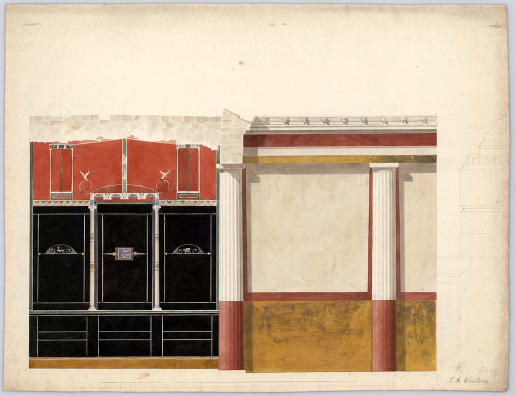 VII.4.59 Pompeii. 1849. Painting by Laurits Albert Winstrup, showing east wall of peristyle. 
Photo © Danmarks Kunstbibliotek, inventory number ark_6194.