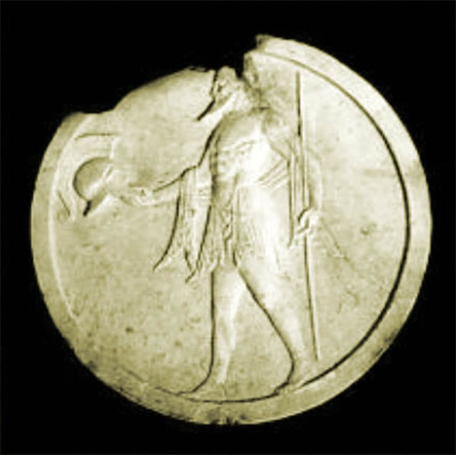 VII.4.59 Pompeii. Peristyle o, double sided oscillum (side B) with warrior with Corinthian helmet and lance.
Now in Naples Archaeological Museum.  Inventory number 6552.