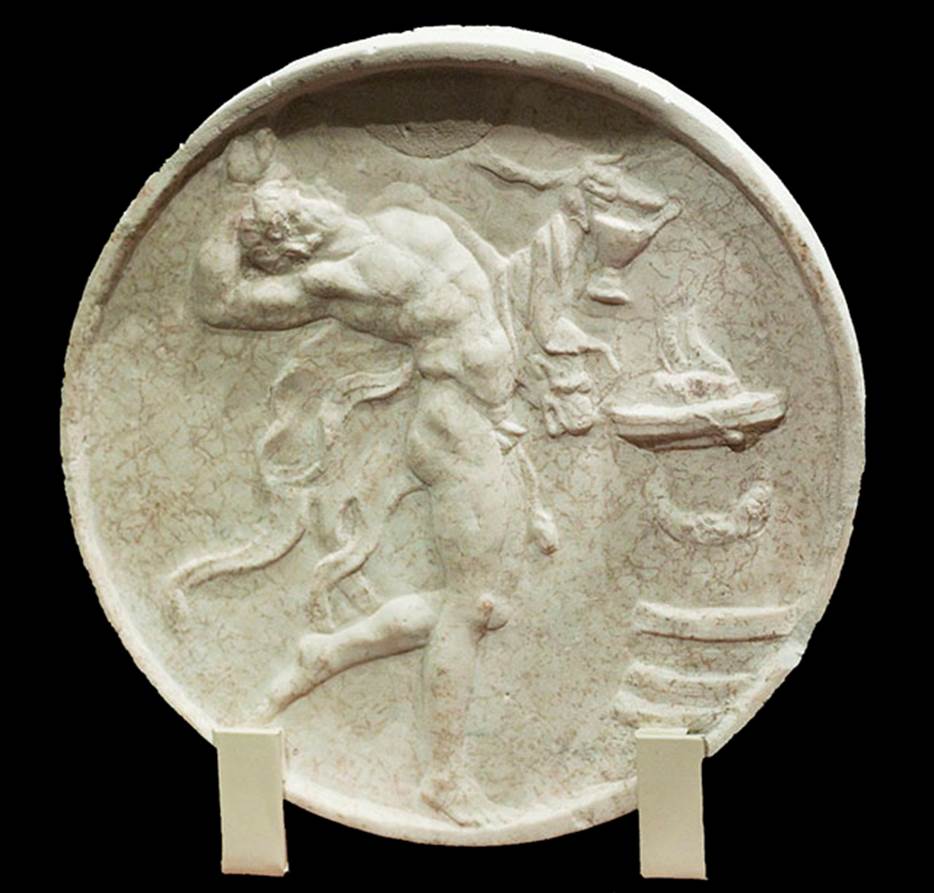 VII.4.59 Pompeii. Peristyle o, double sided oscillum (side A) with a satyr. 
On the reverse is a maenad.
Now in Naples Archaeological Museum.  Inventory number 6641.