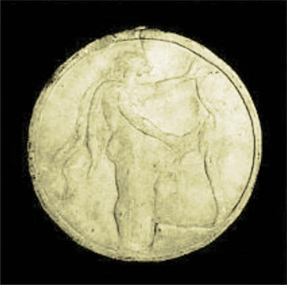 VII.4.59 Pompeii. Peristyle o, double sided oscillum (side A) with two satyrs dancing.
Now in Naples Archaeological Museum.  Inventory number 6643.