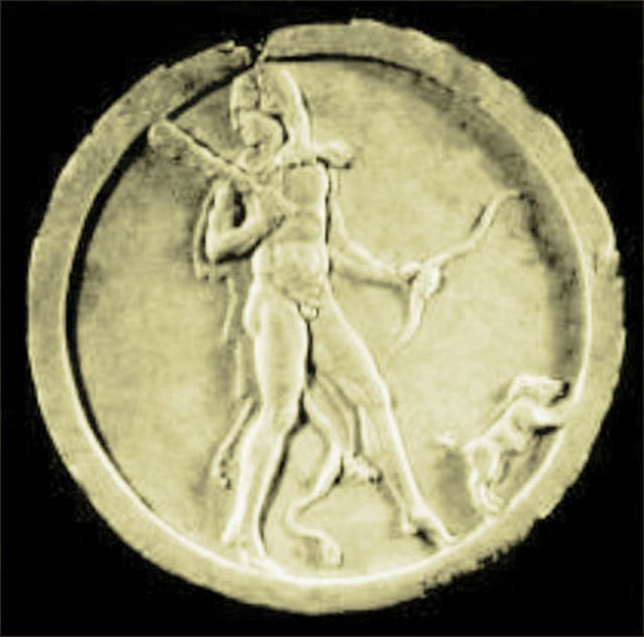 VII.4.59 Pompeii. Peristyle o, double sided oscillum (side A) with Hercules.
Now in Naples Archaeological Museum.  Inventory number 6647.