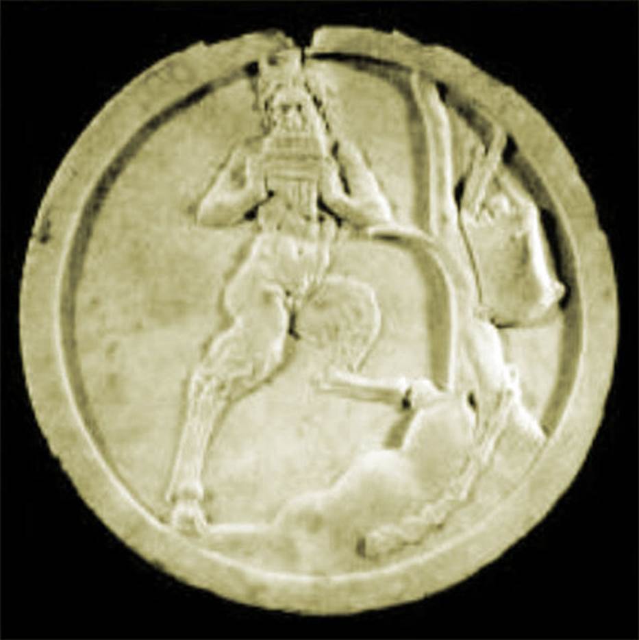 VII.4.59 Pompeii. Peristyle o, double sided oscillum (side B) with Pan.
Now in Naples Archaeological Museum.  Inventory number 6647.