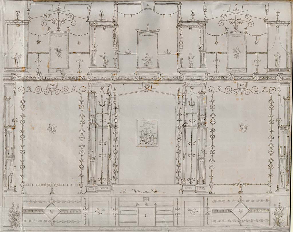 VII.4.59 Pompeii. Exedra or triclinium y, west wall. The painting of cupids playing with the attributes of Aphrodite can be seen in the centre panel.
See Zahn, W., 1852. Die schönsten Ornamente und merkwürdigsten Gemälde aus Pompeji, Herkulanum und Stabiae: III. Berlin: Reimer. Taf II, 53.
According to Curtius there were four paintings each of an identical stylistic layout with the attributes of Hera, Aphrodite, Ares and Athena.
See Curtius, L., 1972. Die Wandmalerei Pompejis. New York: Hildesheim, p. 397-8. 
According to Staub-Gierow, 
The central images, of which two have survived, the third has partly survived and a fourth, apart from a brief mention by Curtius, is completely unknown, all allude to different gods, but do not depict them. They are each scenes in which cupids and psyches play with the attributes of the gods Mars or Minerva, Juno and Venus. Curtius speaks of four images, and for Hera and Aphrodite gives two of the four pictures and says the other two contain the game with helmet and shield, the weapons of Ares and Athena. Unfortunately, he does not say how he knows the fourth picture. Avellino does not elaborate on the decoration of the exedra. Fiorelli mentions three pictures with sacrifices made in honour of the three goddesses, Juno, Pallas, and Venus who took part in the judgment of Paris. Fiorelli's detailed description of three images and the fact that only these three exist in copies make it doubtful that Curtius really knew four Pinakes. It is entirely conceivable that the image associated by most with Mars could allude to Minerva as well, as Fiorelli claims. If we assume that there were originally four pictures, and then the question arises as to which motif could have been missing. Paris alone is difficult to imagine, especially since he always appears with the three goddesses in the well-known illustrations. In addition, the gods are never depicted in the central paintings, only their attributes - a possibility that cannot be imagined for a Paris depiction. But speculation doesn't help here either: Even if the three known images were to be connected with Juno, Venus and Minerva - instead of Mars - we still don't know how the fourth would be imagined. If we look at the combination of Venus, Mars and Juno, one could imagine an image associated with a Jupiter sacrifice as a counterpart to the one with the attributes of Juno.
See Staub-Gierow, M., 2000. Casa della Parete Nera: Hauser in Pompeji, Band 10. München: Hirmer Verlag, p. 79.