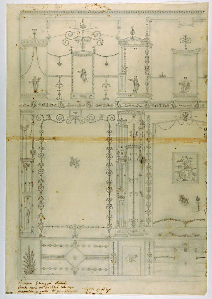 VII.4.59 Pompeii. Exedra or triclinium y, west wall at south end. Drawing by Giuseppe Abbate, of detail of IV style decoration at south end of west wall.
Now in Naples Archaeological Museum. Inventory number ADS 671.
Photo © ICCD. http://www.catalogo.beniculturali.it
Utilizzabili alle condizioni della licenza Attribuzione - Non commerciale - Condividi allo stesso modo 2.5 Italia (CC BY-NC-SA 2.5 IT)