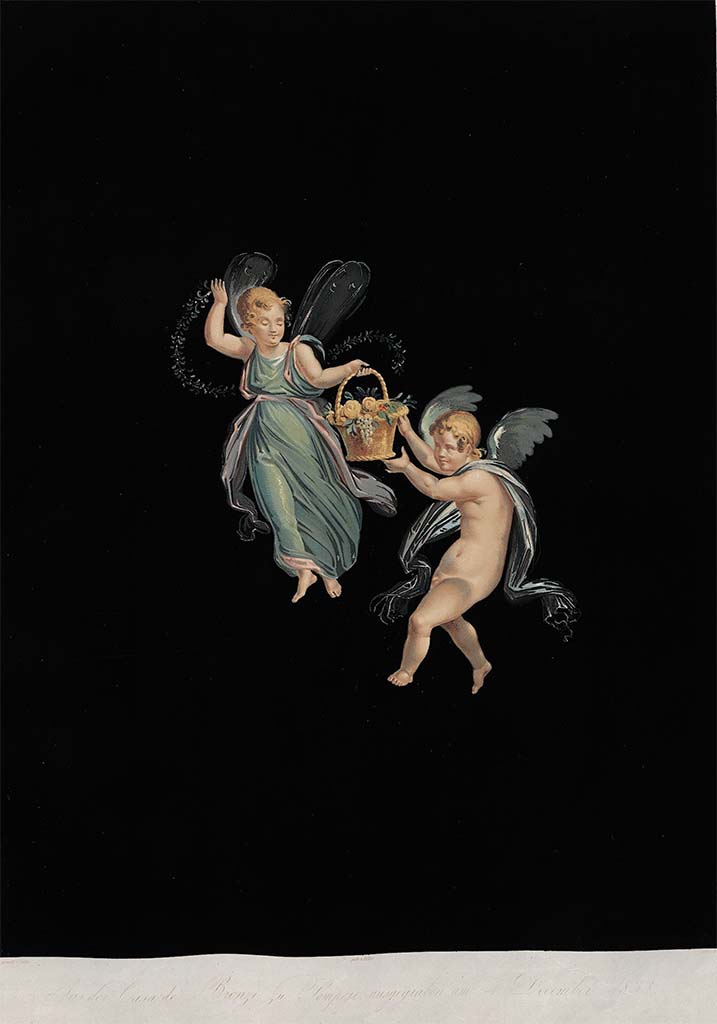 VII.4.59 Pompeii. 4th December 1833. Painting by Zahn.
According to Zahn, this is a painting of the flying group, Cupid and Psyche, from the north end of the richly painted west wall which he had outlined in Plate No.53, above. 
See Zahn, W., 1842-44. Die schönsten Ornamente und merkwürdigsten Gemälde aus Pompeji, Herkulanum und Stabiae: II. Berlin: Reimer, taf. 67.