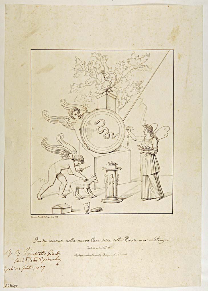 VII.4.59 Pompeii. Drawing by Giuseppe Marsigli, 1837, a copy of the painting of Cupids and Psyche making sacrifices to Mars.
Found in the Exedra or triclinium y, south wall. 
Now in Naples Archaeological Museum. Inventory number ADS 678.
Photo © ICCD. http://www.catalogo.beniculturali.it
Utilizzabili alle condizioni della licenza Attribuzione - Non commerciale - Condividi allo stesso modo 2.5 Italia (CC BY-NC-SA 2.5 IT)