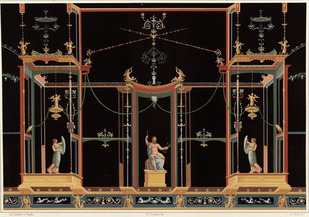 VII.4.59 Pompeii. Painting by Niccolini from south wall of Exedra or triclinium y. In the centre is a sitting Giove (Jupiter).
See Niccolini F, 1862. Le case ed i monumenti di Pompei: Volume Secondo. Napoli, Descrizione Generale Tav. XXVII.
