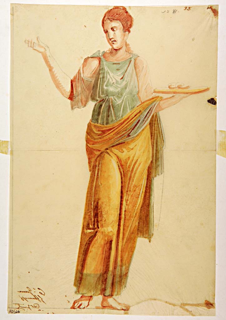 VII.4.59 Pompeii. Drawing by Giuseppe Marsigli, of female figure with offering plate, as seen on upper south wall, on east side of centre.
Now in Naples Archaeological Museum. Inventory number ADS 681.
Photo © ICCD. http://www.catalogo.beniculturali.it
Utilizzabili alle condizioni della licenza Attribuzione - Non commerciale - Condividi allo stesso modo 2.5 Italia (CC BY-NC-SA 2.5 IT)