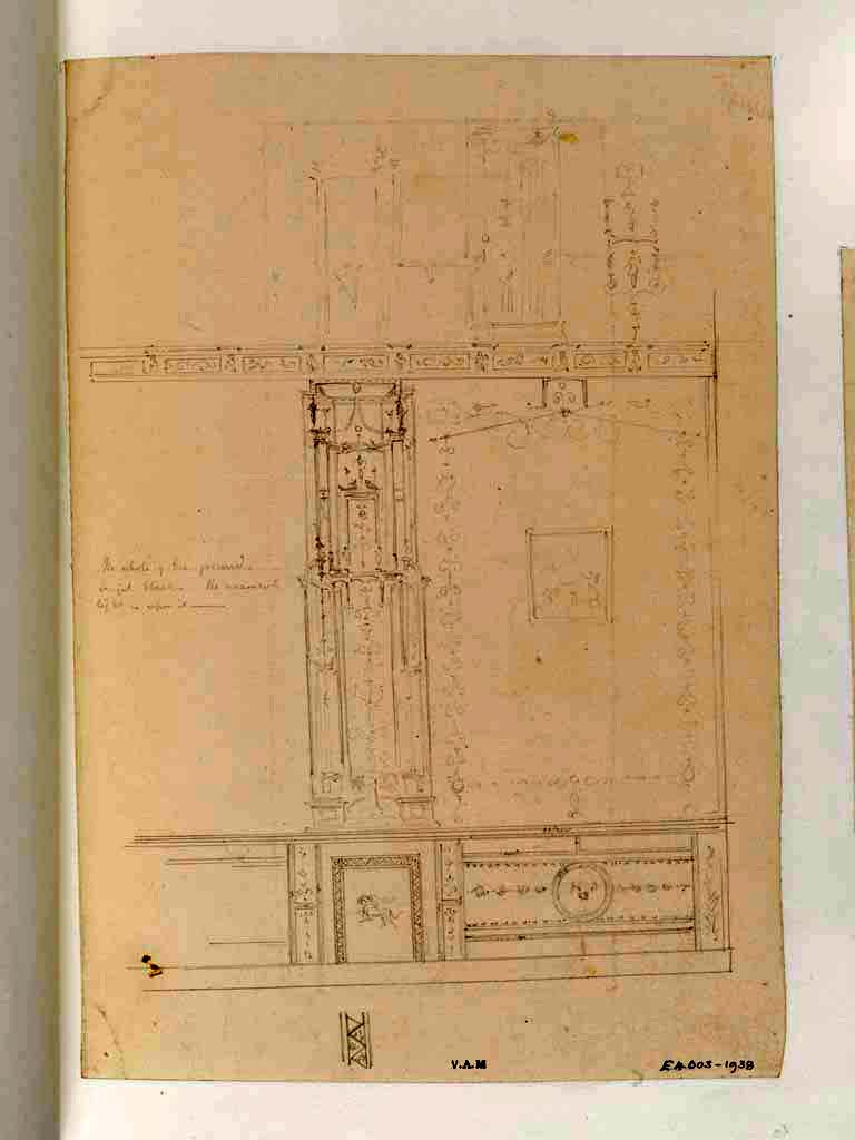 VII.4.59 Pompeii. c.1840. 
Exedra or triclinium y, detail of part of south wall. Drawing by James William Wild. 
Photo © Victoria and Albert Museum, inventory number E.4003-1938. 
 
.