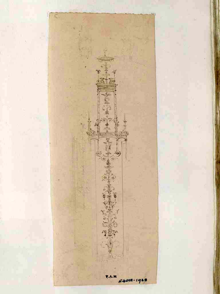 VII.4.59 Pompeii. c.1840. 
Exedra or triclinium y, drawing by James William Wild, showing detail of candelabra separating panels on south wall.  
Photo © Victoria and Albert Museum, inventory number E.4002-1938.