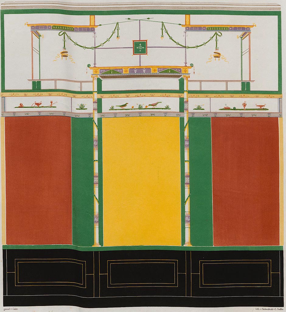 VII.4.59 Pompeii. 1842 painting by Zahn of double cubiculum i north wall. 
See Zahn, W., 1842. Die schönsten Ornamente und merkwürdigsten Gemälde aus Pompeji, Herkulanum und Stabiae: II. Berlin: Reimer, Taf. II, 35.