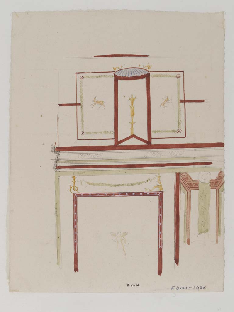 VII.4.62 Pompeii. c.1840. Cubiculum, detail from upper south wall in a painting by James William Wild.  
Photo © Victoria and Albert Museum, inventory number E.4001-1938.