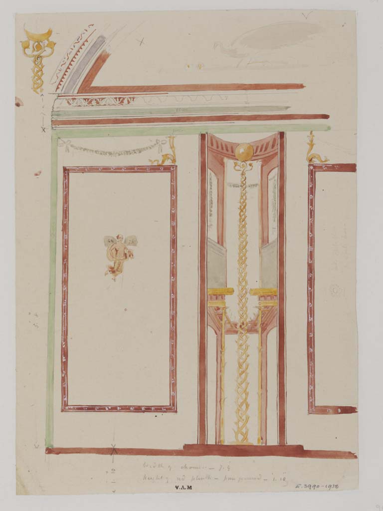 VII.4.62 Pompeii. c.1840. Painting by James William Wild of south end of west wall of vaulted cubiculum. 
Photo © Victoria and Albert Museum, inventory number E.3990-1938.