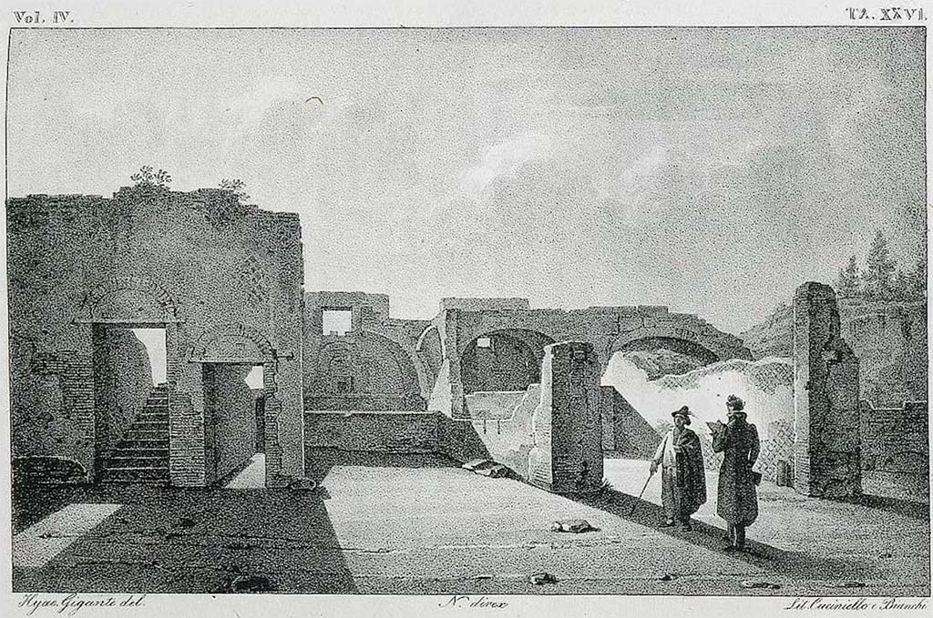 VII.5.1, Pompeii, on left. Pre-1827 drawing by Hyac. Gigante. Looking south towards the “ruins” of the Forum Baths, as excavated.
Looking south from Via delle Terme towards VII.5.1, steps to upper floor; VII.5.2 an entrance doorway; VII.5.3 and VII.5.4, shops.
See Real Museo Borbonico, vol. IV, 1827, Tav. XXVI.
