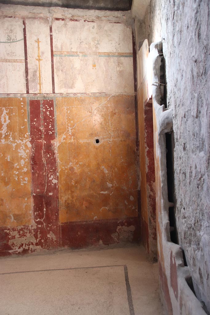 VII.5.8 Pompeii. October 2024. 
Tepidarium (49), looking towards north-west corner, with detail of north wall, on right. 
Photo courtesy of Klaus Heese.