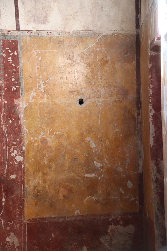 VII.5.8 Pompeii. October 2024. 
Tepidarium (49), detail of panel at north end of west wall. Photo courtesy of Klaus Heese.