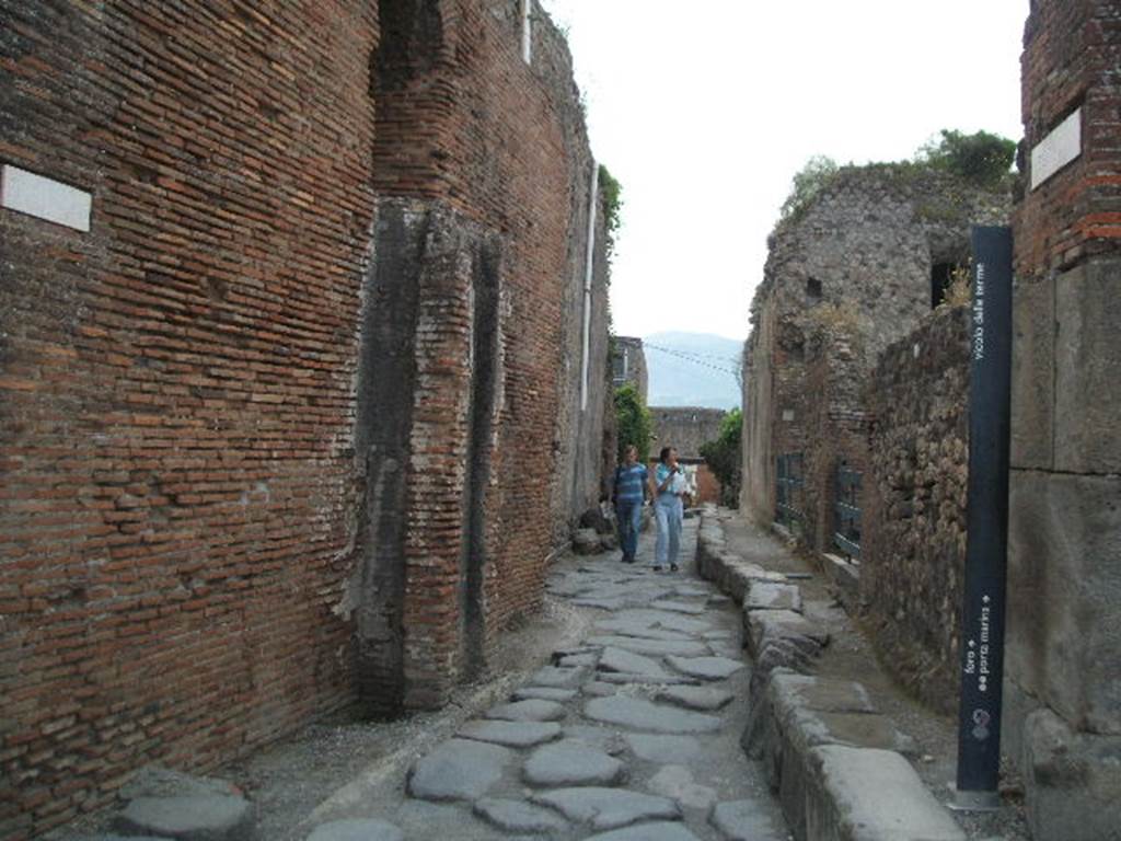VII.5.8 Pompeii.(Side wall) May 2005.Vicolo delle Terme looking south.VII.6.