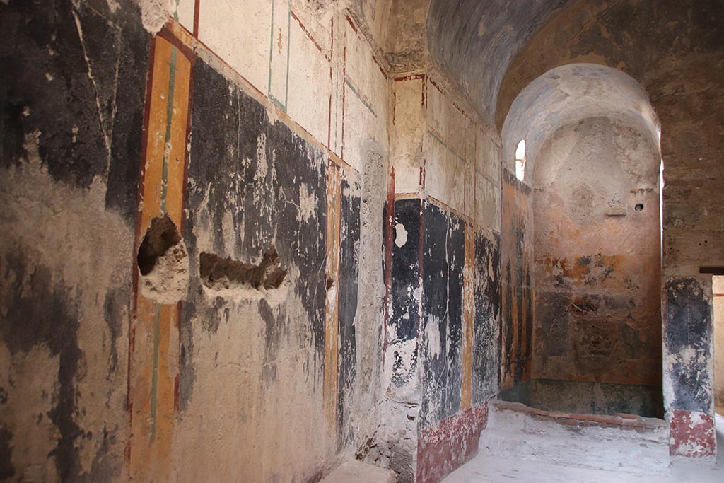 VII.5.8 Pompeii. October 2024. 
Room 46, looking north along west wall of Apodyterium, towards Frigidarium basin 48, on right. Photo courtesy of Klaus Heese.