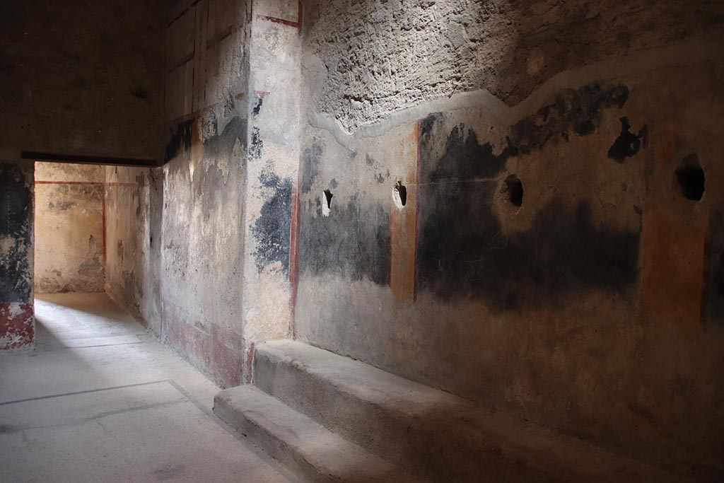 VII.5.8 Pompeii. October 2024. 
Room 46, looking north along east wall of Apodyterium, towards doorway to corridor 45, on left. Photo courtesy of Klaus Heese.