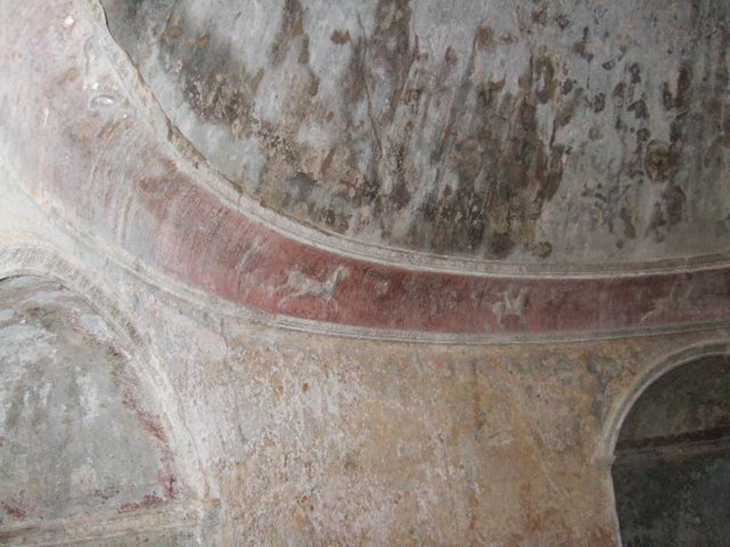 VII.5.24 Pompeii. December 2005. Frigidarium. Detail of plasterwork. The stucco cornice represents a race of Cupids in two-horse chariots or on horse-back.