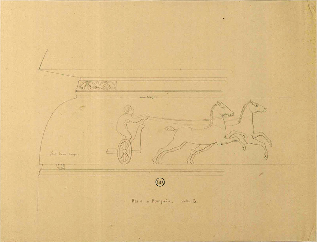 7.5.25 Pompeii. Sketch by Jean-Baptiste Ciceron Lesueur, of one of the two-horse chariots in the race.
See Lesueur, Jean-Baptiste Ciceron. Voyage en Italie de Jean-Baptiste Ciceron Lesueur (1794-1883), pl. 55.
See Book on INHA reference INHA NUM PC 15469 (04)  « Licence Ouverte / Open Licence » Etalab
