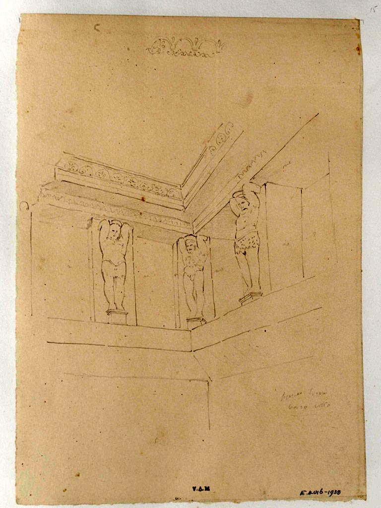 VII.5.24 Pompeii. c.1840.
Drawing by James William Wild showing telamons separating the niches, with detail of the stucco cornice above.
Photo © Victoria and Albert Museum, inventory number E.4016-1938.