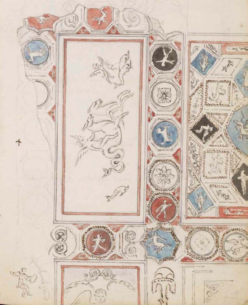VII.5.24 Pompeii. c.1830. Drawing by Gell of detail of vaulted ceiling in south-east corner of tepidarium.
See Gell, W. Sketchbook of Pompeii, c.1830. 
See book from Van Der Poel Campanian Collection on Getty website http://hdl.handle.net/10020/2002m16b425