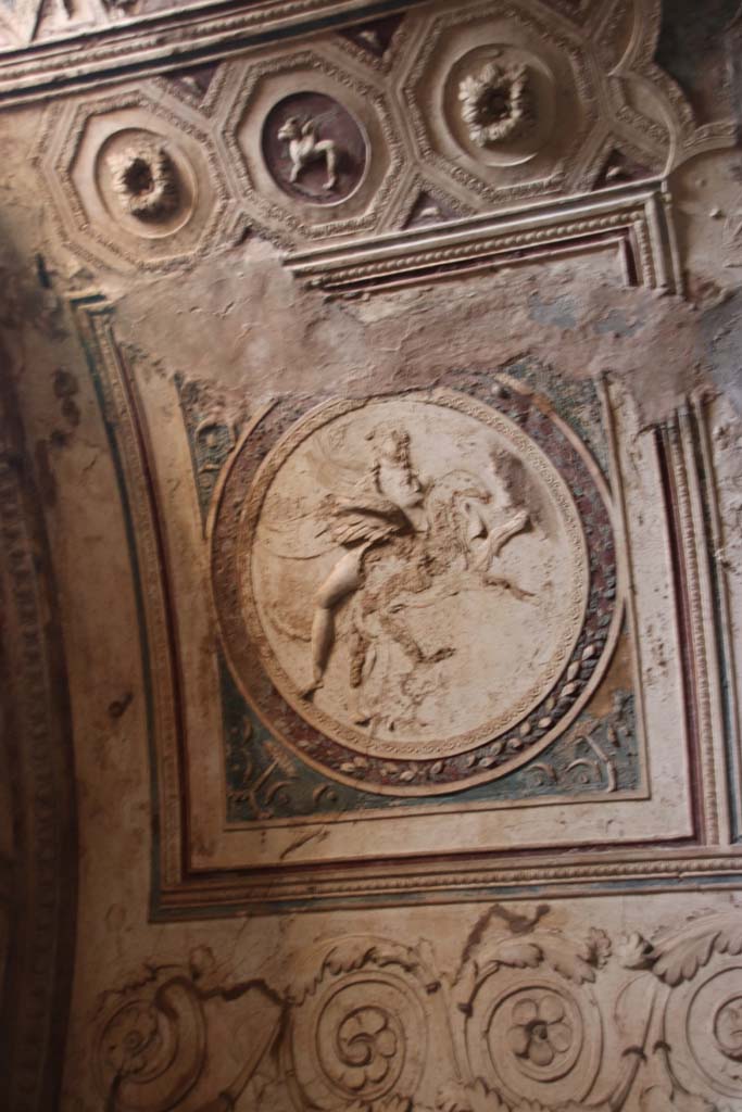 VII.5.24 Pompeii. September 2017. 
Detail from ceiling plaster stucco in south-west corner of tepidarium (37). Photo courtesy of Klaus Heese.