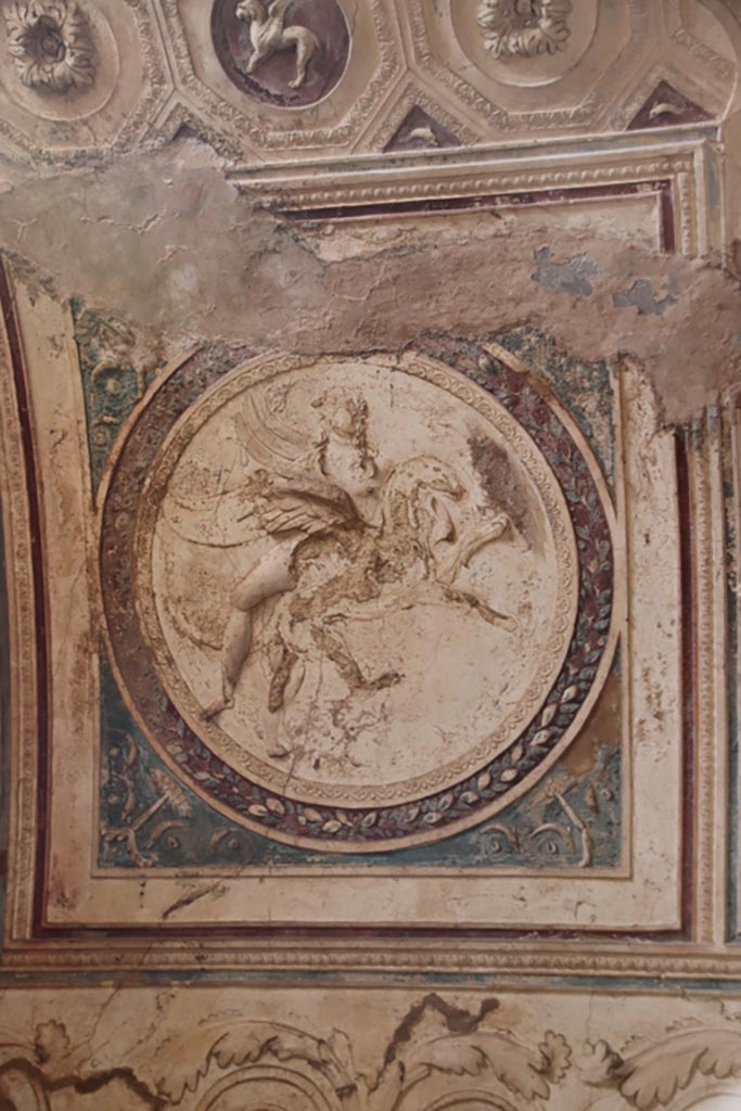 VII.5.24 Pompeii. October 2023. 
Detail from ceiling plaster stucco in south-west corner of tepidarium (37). Photo courtesy of Klaus Heese.