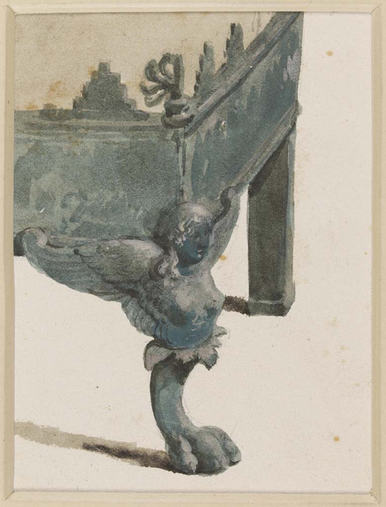 VII.5.24 Pompeii. 
Undated watercolour by Luigi Bazzani, detail of winged figure decorating the foot of bronze brazier (38) in tepidarium (37).
Photo © Victoria and Albert Museum. Inventory number 2052-1900.