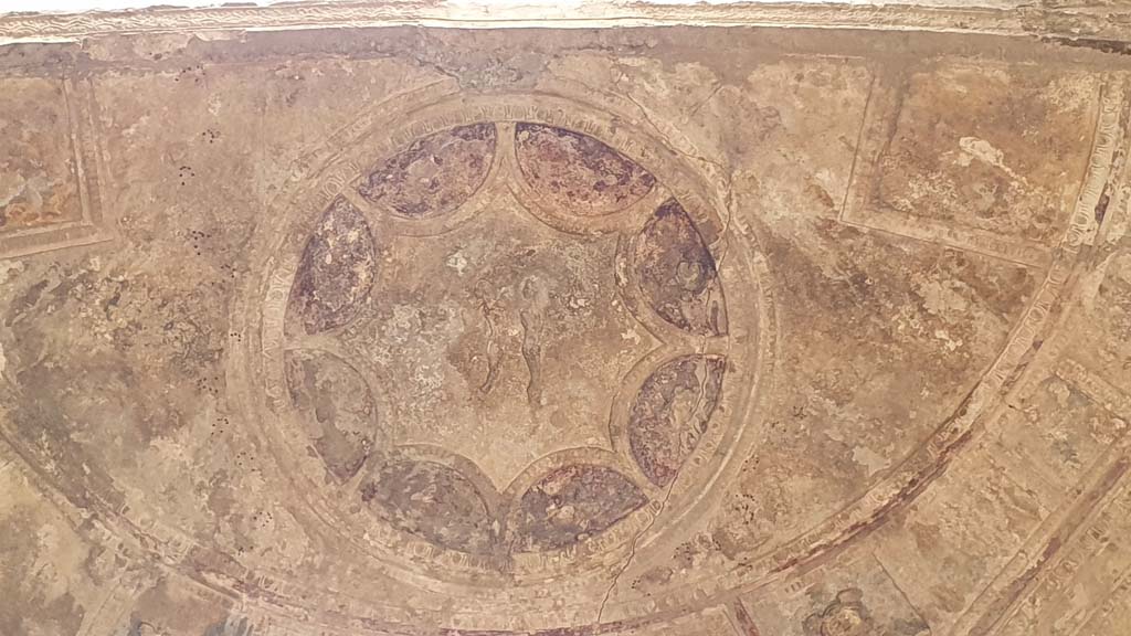 VII.5.24 Pompeii. August 2021. 
Caldarium (39), detail of circular decorative stucco above circular window on south wall in basin alcove.
Foto Annette Haug, ERC Grant 681269 DÉCOR.