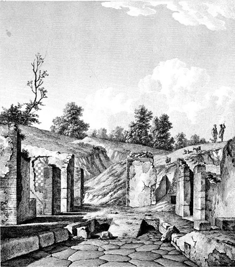 VII.6.1 and 2 Pompeii. About 1834. Sketch by Mazois.
Looking west to the end of the Via delle Terme, where it joins Vicolo del Farmacista. The entrance to the thermopolium is shown on the left.