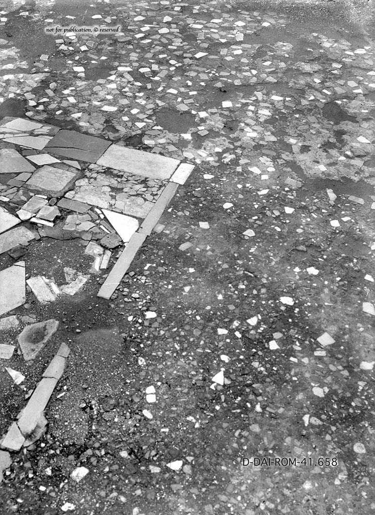 VII.6.3 Pompeii. c.1930. Triclinium 19, flooring in central area, near table.  
DAIR 41.658. Photo © Deutsches Archäologisches Institut, Abteilung Rom, Arkiv.
See Pernice, E.  1938. Pavimente und Figürliche Mosaiken: Die Hellenistische Kunst in Pompeji, Band VI. Berlin: de Gruyter, (p.58-59, and tav. 23,2 above.)
According to PPM –
“The photo shows an area of the flooring, and part of the carpet of square, hexagonal and diamond-shaped tiles, and polychrome marble flakes inserted into the cocciopesto, in the area of the table.” 
(La foto mostra uno scorcio del pavimento con parte del tappeto di piastrelle quadrate, esagonali, romboidali e di scaglie marmoree policrome inserito nel cocciopesto, in correspondenza della mensa).
See Carratelli, G. P., 1990-2003. Pompei: Pitture e Mosaici. VII,7, Roma: Istituto della enciclopedia italiana, (p. 175.)