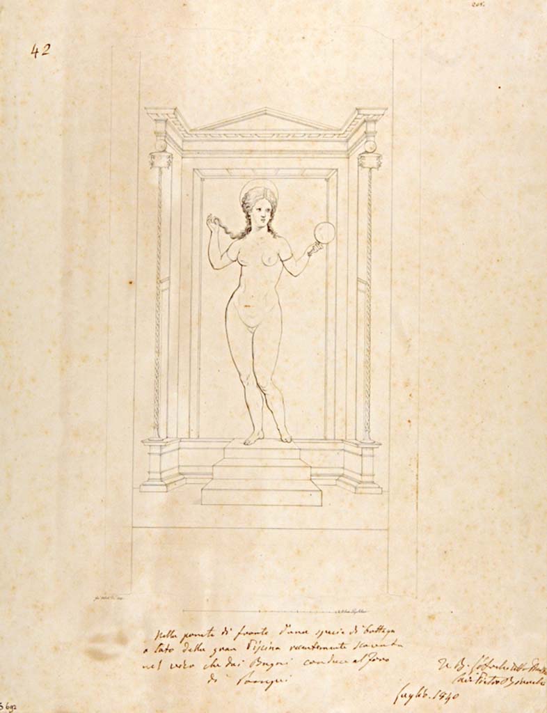 VII.6.13/14 Pompeii. Drawing by Giuseppe Abbate, 1840, copy of a painting of Venus with her mirror, from the wall in front of a sort of shop, at the side of the Large Baths.
Two paintings were found, this one from the rear wall was detached and taken to Naples Archaeological Museum, inventory number 28873. 
The other presumably was left and lost, see also VII.6.14.
Now in Naples Archaeological Museum. Inventory number ADS 692.
Photo © ICCD. http://www.catalogo.beniculturali.it
Utilizzabili alle condizioni della licenza Attribuzione - Non commerciale - Condividi allo stesso modo 2.5 Italia (CC BY-NC-SA 2.5 IT)