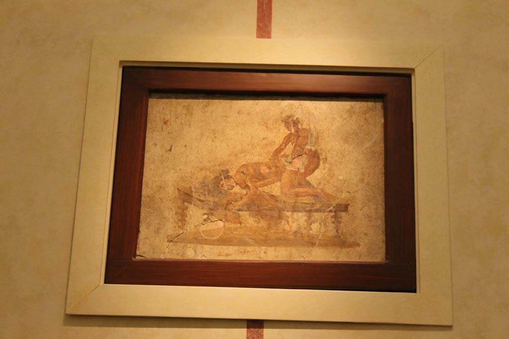 VII.6.13/14/15/16 Pompeii? July 2017. 
Erotic scene, is this the other drawing as seen by Gell from the walls of the “scandalous chamber”?
Now in Naples Archaeological Museum, inventory number – unknown.
Foto Annette Haug, ERC Grant 681269 DÉCOR.